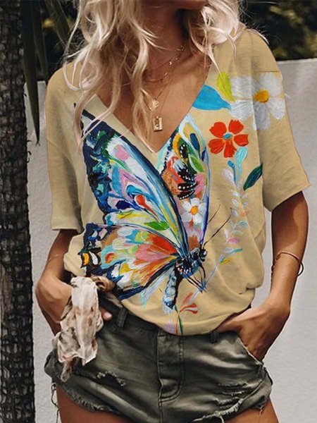 

Butterfly Graphic V-neck Short Sleeve Loose Tee, Khaki, T-shirts