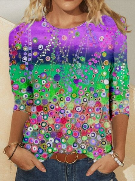 

Casual Long Sleeve Printed T-Shirts, Purple, Tops