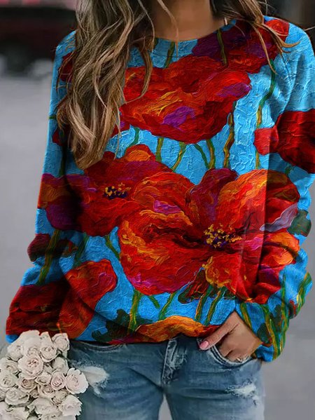

Flower Oil Painting Print Sweatshirt, Blue, Hoodies&Sweatshirts