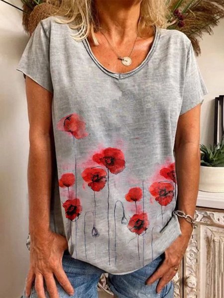 

Short Sleeve Casual Floral T-Shirts, Gray, T-Shirts