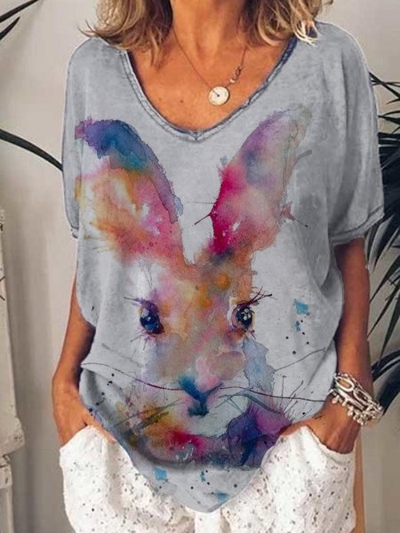 Casual Rabbit Print V-neck Short Sleeve T-shirt, Gray, T-Shirts