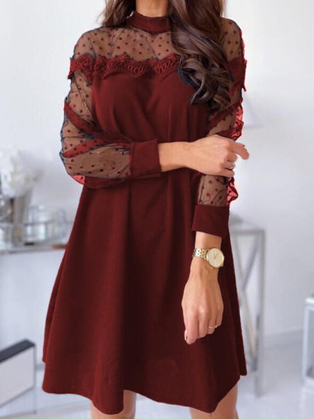 

Plain Long Sleeve A-Line Dress, Wine red, Mini Dresses