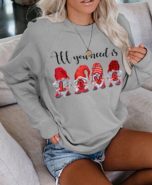 

All I Need Is Love Gnomies Valentine’s Day Long Sleeve Shift Casual Woman's Sweatshirt, Gray, Hoodies&Sweatshirts