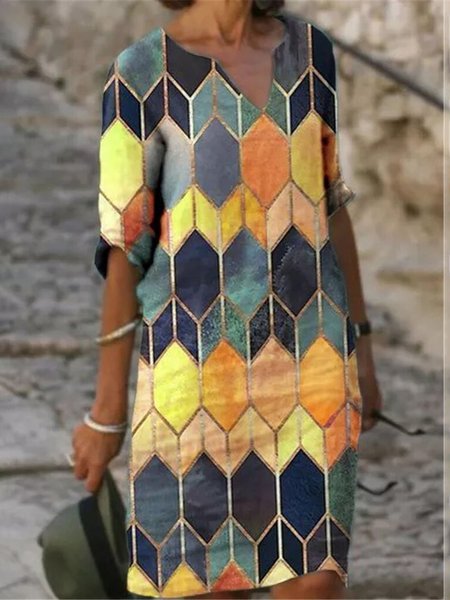 

Pink Short Sleeve Geometric V Neck Dresses, Yellow, Print Dress