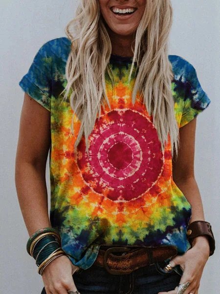 

Tie-Dye Printed Short Sleeve Casual T-Shirts, Multicolor, T-Shirts