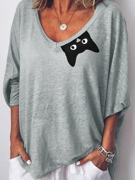 

BLACK CAT Cotton-Blend Short Sleeve Shift Woman's Shirts & Tops, Gray, Hoodies&Sweatshirts