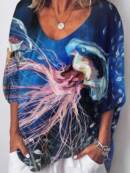 Jellyfish Oil Painting Graphic Casual Long Sleeve Top, Deep blue, Hoodies&Sweatshirts