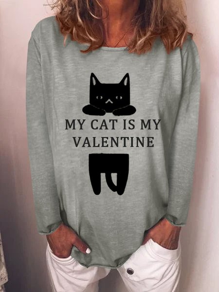 

MY CAT IS MY VALENTINES Casual Letter Long Sleeve Cotton-Blend Woman's Sweatshirt, Gray, Hoodies&Sweatshirts