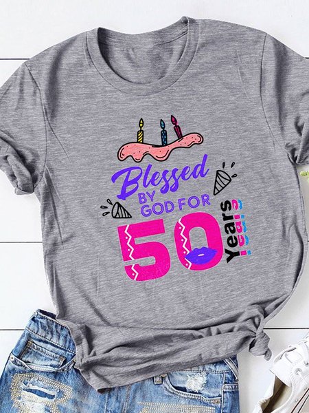 

Blessed By God 50th Birthday Short Sleeve Shift Casual Cotton-Blend Woman's T-Shirts & Tops, Gray, T-shirts