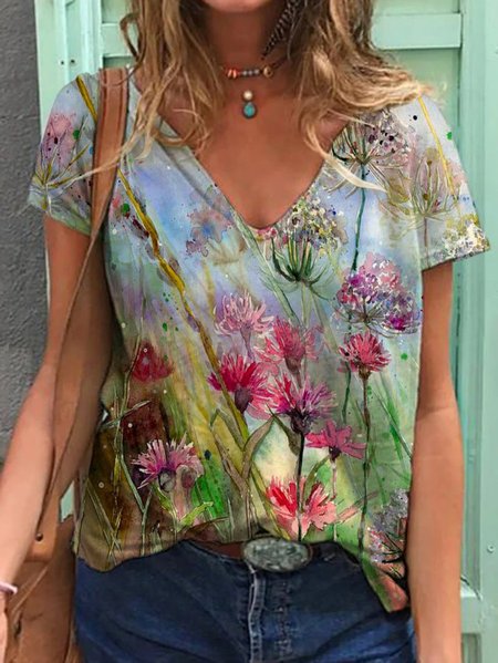 

Women V-neck Colorful Flower Painting T-shirt, Multicolor, T-shirts