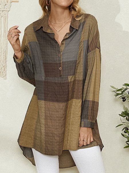 

Camicia Maniche Lunghe a scacchi Casuale Dritto, Caffè, Blouses & Shirts