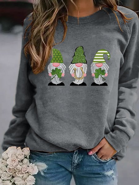 

St Patricks Day Gnome Casual Cotton-Blend Crew-Neck Shift long Sleeve Woman's Shirts & Tops, Gray, Hoodies&Sweatshirts
