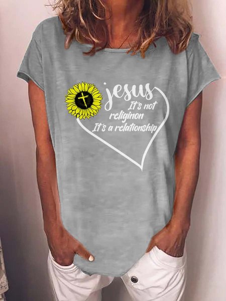 Jesus Is Not Religion Graphic Casual Short Sleeve Tee, Gray, T-shirts