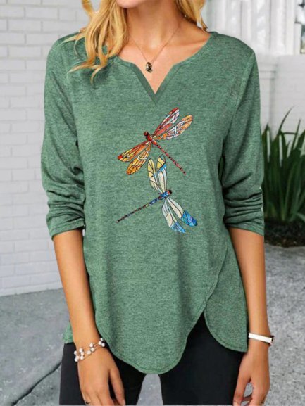 

Vintage Dragonfly Printed Plus Size Long Sleeve V Neck Casual Tops, Green, Blouses & Shirts