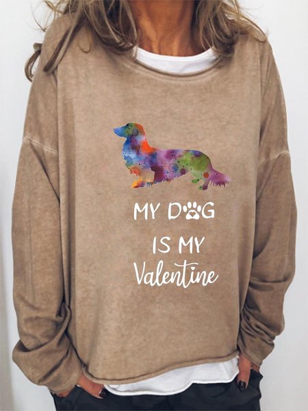 

My Dog Is My Valentine Graphic Big Round Neck Long Sleeve Top, Light brown, Hoodies&Sweatshirts