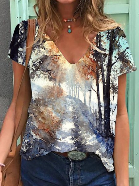 

Women V-neck Painting T-shirt, Multicolor, T-shirts