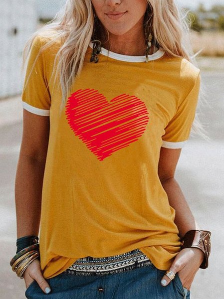 

Heart Print Modal Casual Crew Neck Short Sleeve T-Shirts, Yellow, T-Shirts