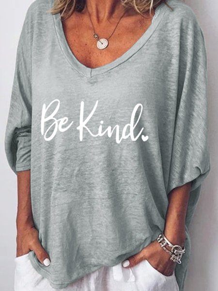 

Be Kind Letter Graphic V-Neck Long Sleeve Top, Gray, T-shirts