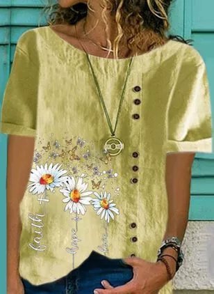 

Floral Casual Round Neckline Short Sleeve Blouses, Yellow, Shirts & Blouses