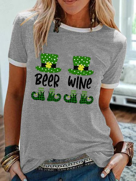 

2021 St Patrick's Day Wine Beer Leprechaun Hat Graphic Tee, Gray, Tops