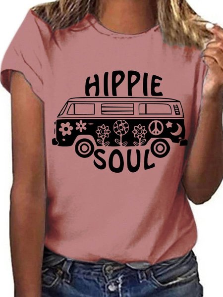 

Hippie Soul Graphic Round Neck Short Sleeve Loose Tee, Brick red, T-shirts