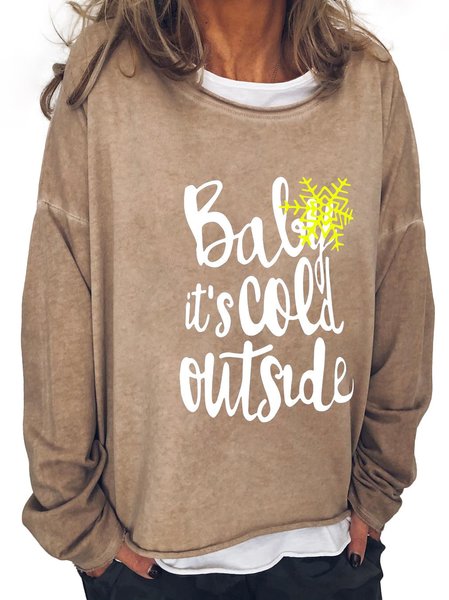 

Casual Round Neck Long Sleeve Letter T-Shirts, Khaki, Long sleeve tops