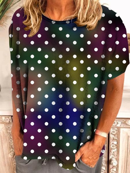 

Polka Dot Round Neck Short Sleeve Loose Tee, Black, T-shirts
