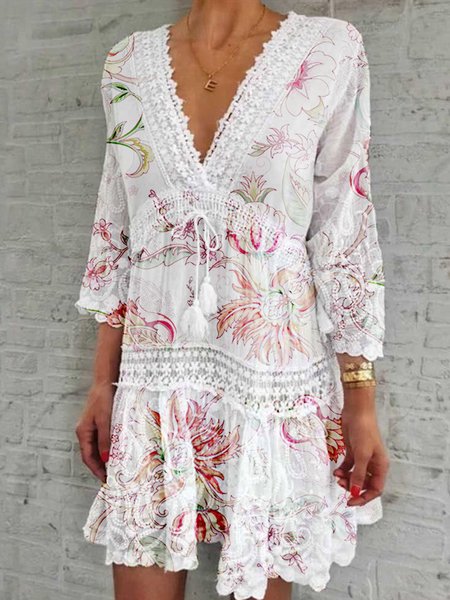 

Scollo a V A-line 3/4 Manica Floreale Abito, Bianco, Dresses