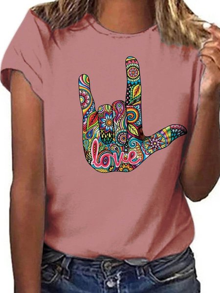 

Hippie Graphic Round Neck Short Sleeve Loose Tee, Brick red, T-shirts