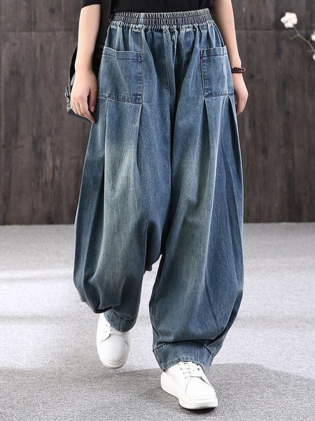 Long Sleeve Cotton-Blend Casual Pants, Denim blue, Pants