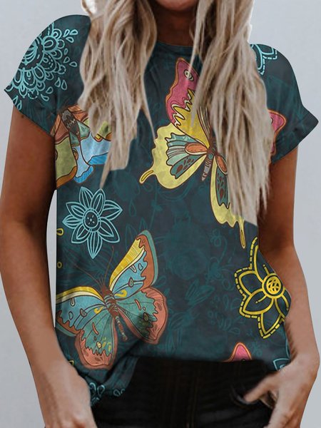 

Short Sleeve Cotton-Blend Butterfly Holiday T-Shirts, Gray, T-Shirts