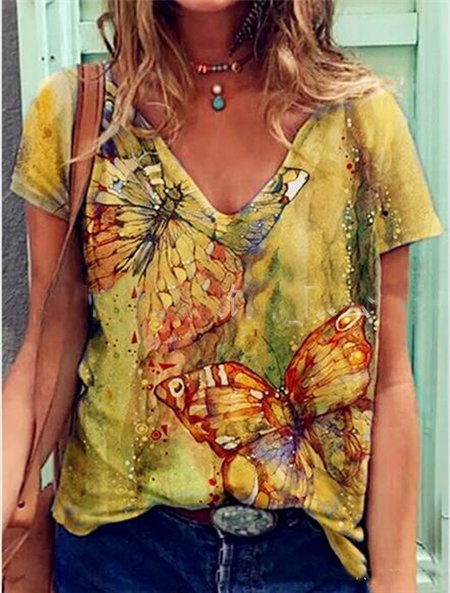 

Retro butterfly print short-sleeved Shirts & Tops, Yellow, Printed T-shirts