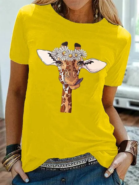 

Giraffe Print Casual Crew Neck Short Sleeve T-Shirts, Yellow, Winter Clearance