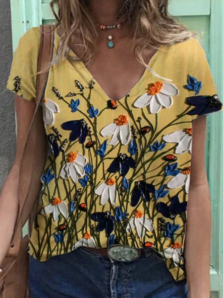 

Floral Short Sleeve Casual Shirts & Tops, As picture, T-Shirts