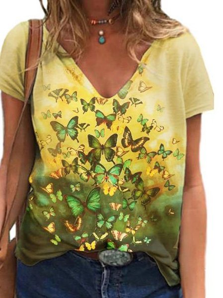

V Neck Holiday Short Sleeve T-shirt, Yellow, Tees & T-shirts