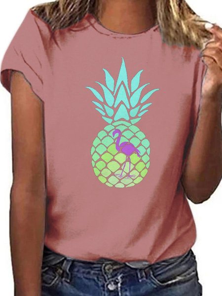 

Pineapple Flamingo Graphic Loose Round Neck Short Sleeve Tee, Brick red, T-shirts