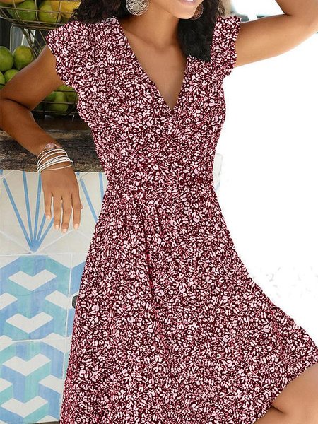Abito Floreale Maniche Corte A-line, Vino rosso, Dresses