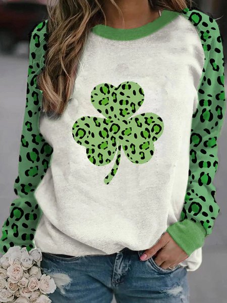

Printed Casual Crew Neck Long Sleeve T-shirt, Green, Auto-Clearance