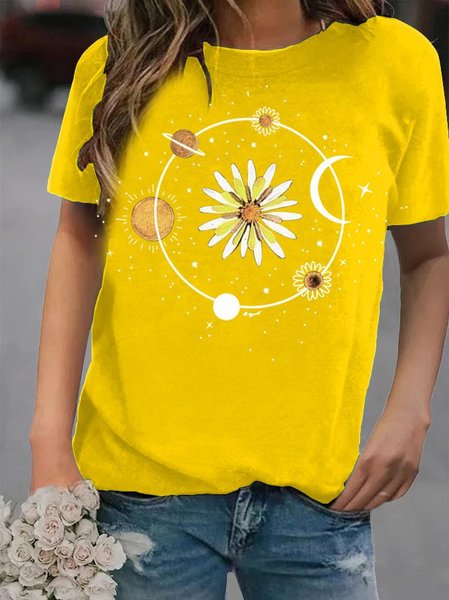 

Universe Print Modal Crew Neck Casual T-shirt, Yellow, T-Shirts