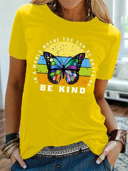 Butterfly Printed Casual Short Sleeve Cotton Crew Neck Shirts & Tops, Yellow, Tops