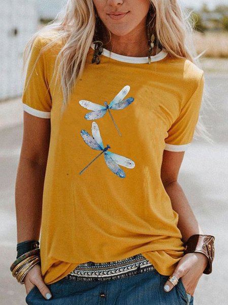 

Dragon-fly Print Short Sleeve Crew Neck Modal T-Shirts, Yellow, T-Shirts