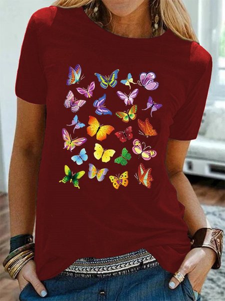 

Butterfly Printed Crew Neck Casual T-Shirts, Wine red, Winter Clearance