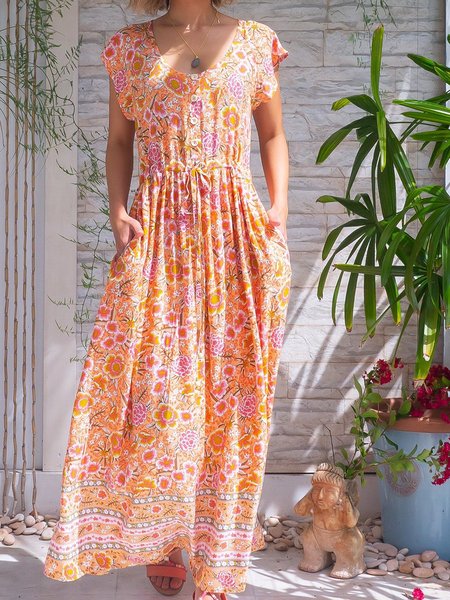 

Shift Boho Frill Sleeve Cotton-Blend Weaving Dress, Light orange, Summer Dresses