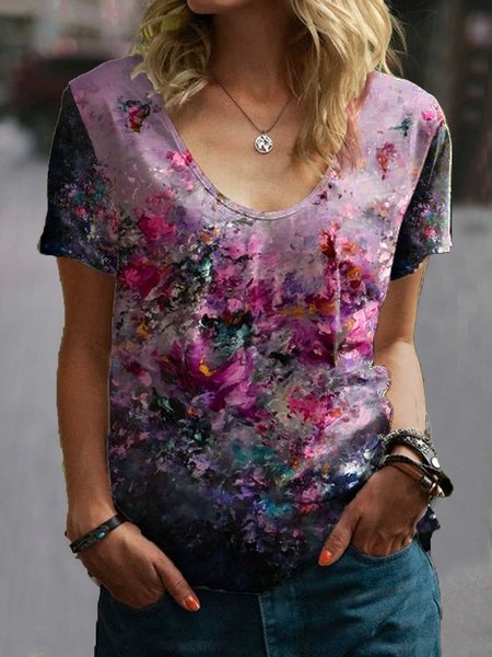 

Short Sleeve Vintage Cotton-Blend T-shirt, Multicolor, T-Shirts