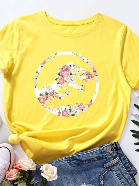 

Abstract Floral Dinosaur Graphic Loose Round Neck Short Sleeve Tee, Yellow, T-shirts
