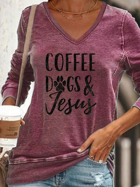 

Coffee Dogs &Jesus Letter Cotton-Blend Casual Long Sleeve Letter Woman's Shirts & Tops, Purple, Hoodies&Sweatshirts