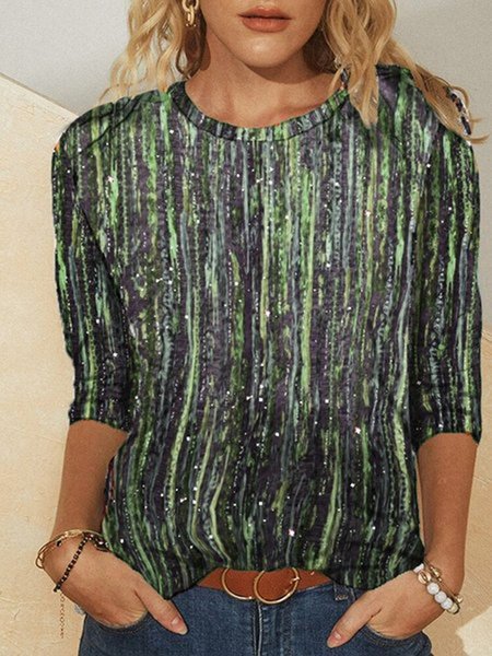 

Printed Casual Long Sleeve Striped T-shirt, Green, Long sleeve tops