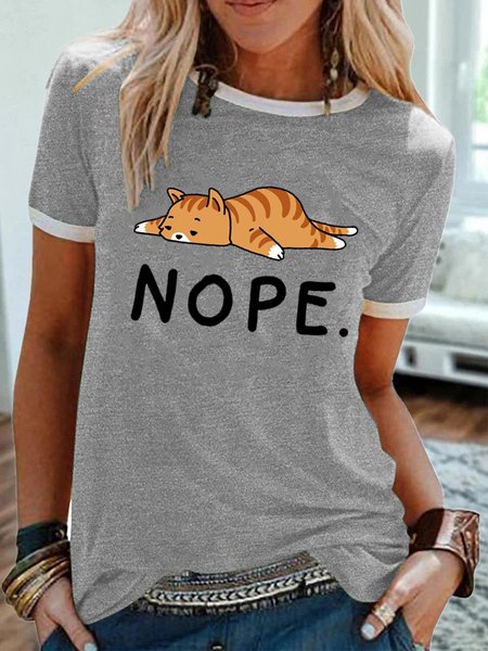 

Cute Cat Loose Round Neck Short Sleeve Tee, Gray, T-shirts