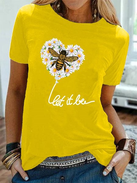 

"Let it bee"Printed Casual Short Sleeve T-Shirts, Yellow, T-Shirts