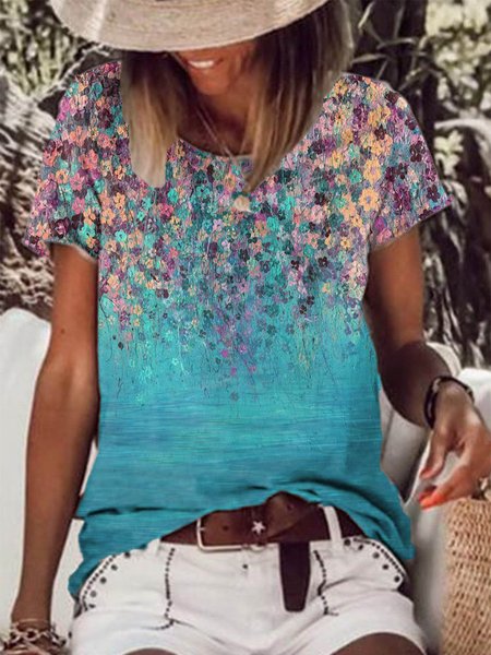 

Maniche Corte Casuale Stampato Floreale Camicie & Top, Blu, T-Shirts